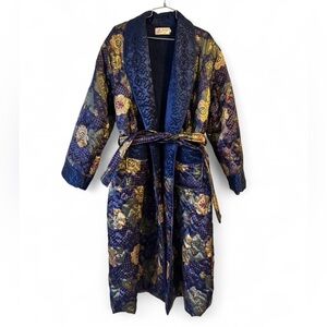 Vintage Quilted Silky Paisley Satin Robe Smoking Jacket Navy Blue Size XL